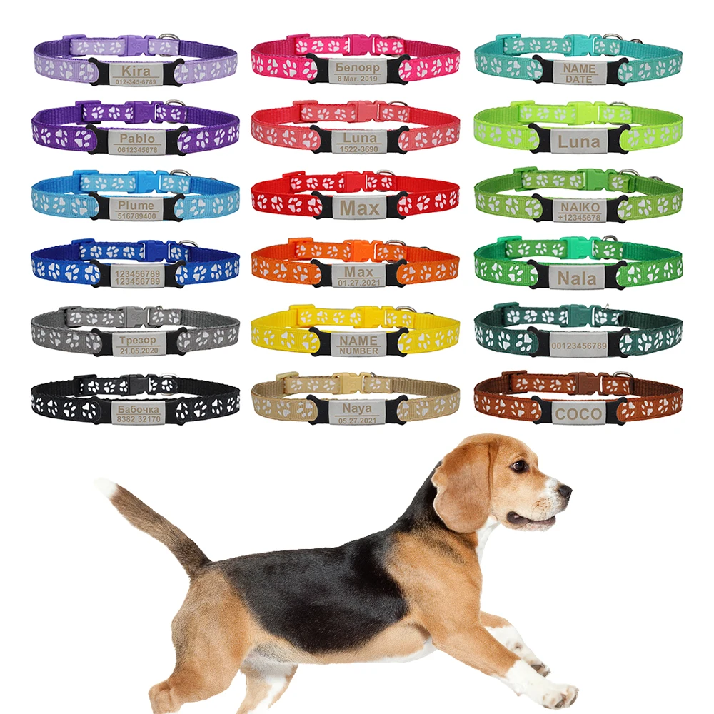 Custom Dog Collar Colorful paw Name ID Tag Personalized Necklace Replaceable Nameplate Engrave Adjustable Pet Collar S,M