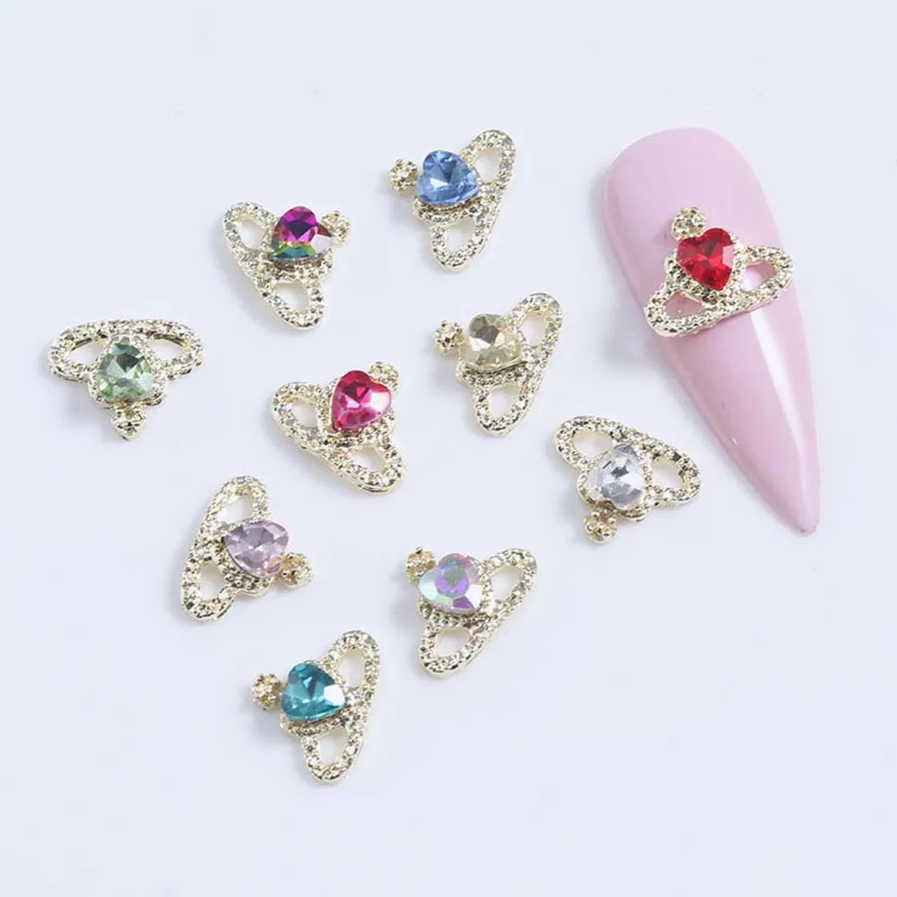 10pcs Sparkle Heart Planet Nail Art Charm 3D Shiny Alloy Metal Heart Crystal Planet Nail Decoration DIY Luxury Nail Accessories