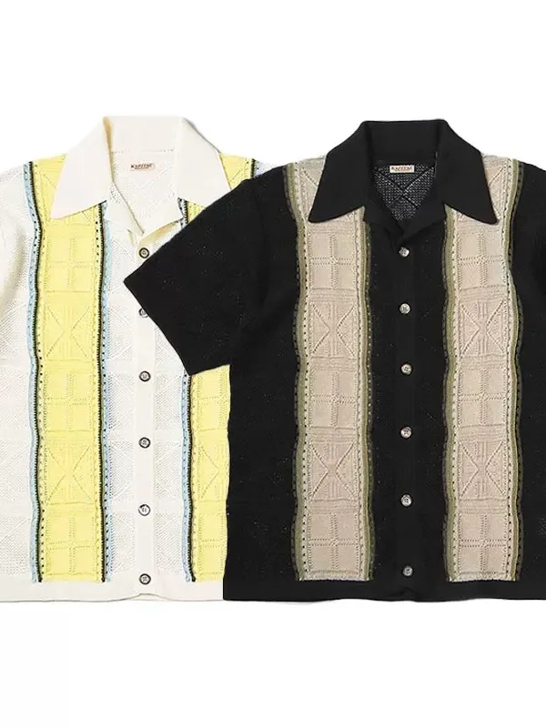 

Футболка KAPITAL с вырезами, вязаная, с кубинским воротником, винтажная, этническая, с коротким рукавом, свободного кроя, из хлопка, молодежная, летняя, дышащая