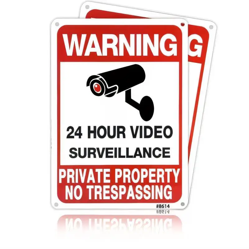 24 Hour Video Surveillance Warning Metal Sign - Red & White Private Property No Trespassing Sign with CCTV Camera, Iron Material