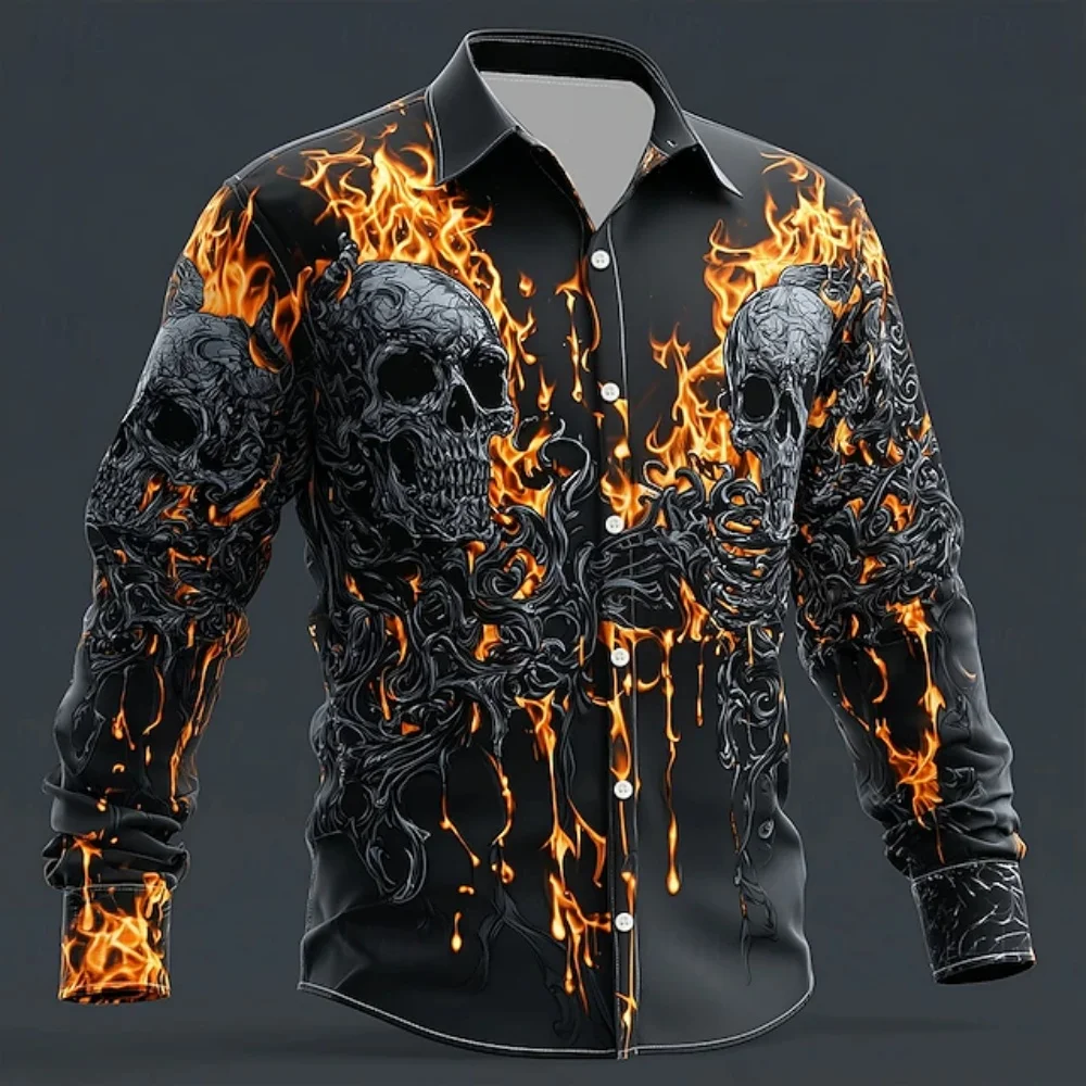 New Men's Long Sleeve Shirt Brick Skull Print Halloween Button Shirt Holiday Spring Autumn 3D Flap Shirt