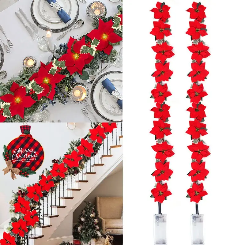 2/3m Christmas Poinsettia Flower Garland String Light Xmas Artificial Ornament Indoor Outdoor Party Home Decoration Navidad Noel