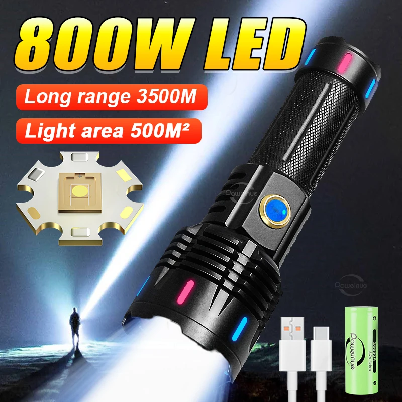 New Ultra Powerful Flashlight 800W LED Rechargeable High Power LED Flashlights 3500M Long Range Torch Outdoor Tactical Lantern