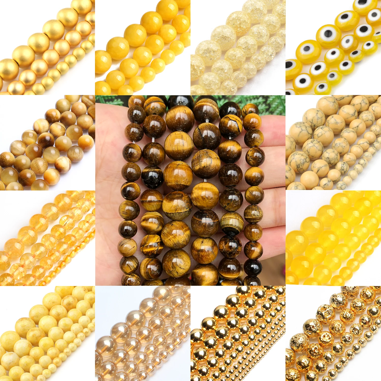 Gold Color Beads Natural Stone Yellow Jade Agate Hematite Lava Round Loose Beads for Jewelry Making DIY Handmade Bracelet 15\'\'