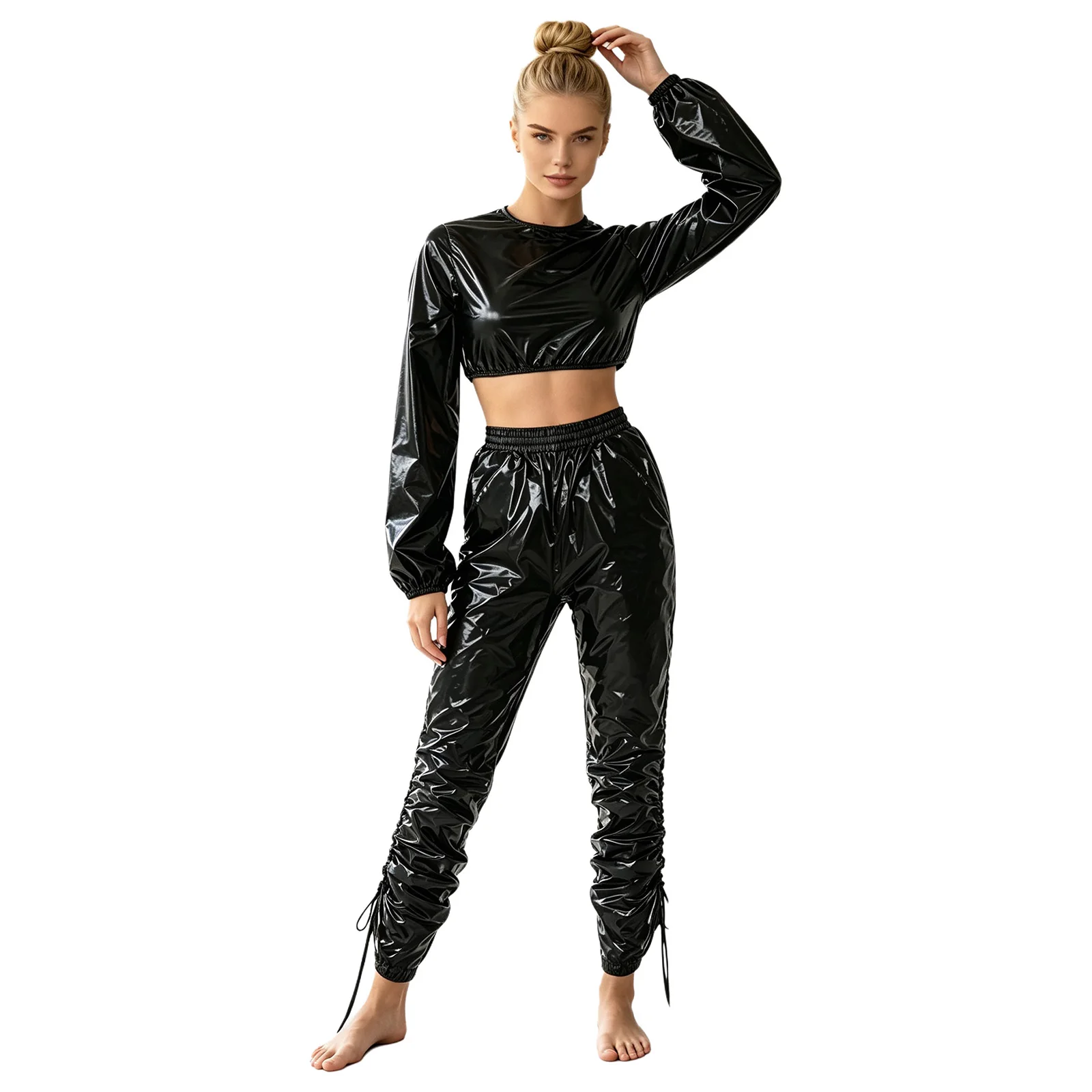 Women Waterproof Crop Top with Drawstrings Capri Pants Beach Pool Swimwear Workout Sportswear Nightclub Rave Party Clubwear - view 2