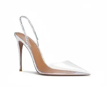 Women Transparent PVC Pointed Toe Bling Crystal Elastic Band Slingback Stiletto Pumps Female Thin Heels Party Dress Shoes 5