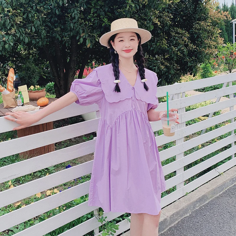 

Lace Navy Collar Dresses Summer Women Girly Playful Purple Doll Dress Thin Girly Puff Sleeve Folds High Waist Loose Clothes OTTD