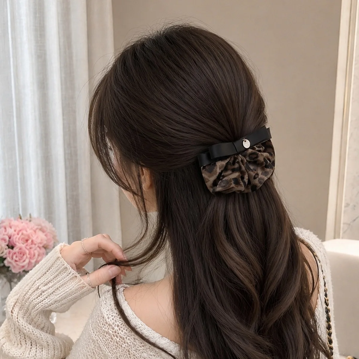 Premium Side Hair Clip Brown Leopard Ruffled Fabric Vintage Bow Metal Medallion Non Slip Lightweight Commute Styling