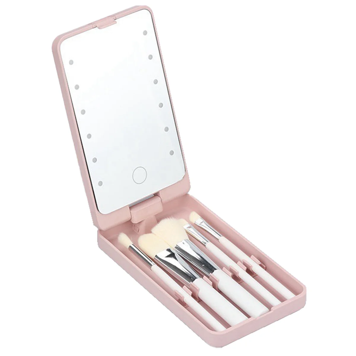 Specchio Specchio per trucco portatile con 5 pennelli Scatola portaoggetti LED Touch Scatola portaoggetti portatile con una faccia Specchio per trucco Rosa