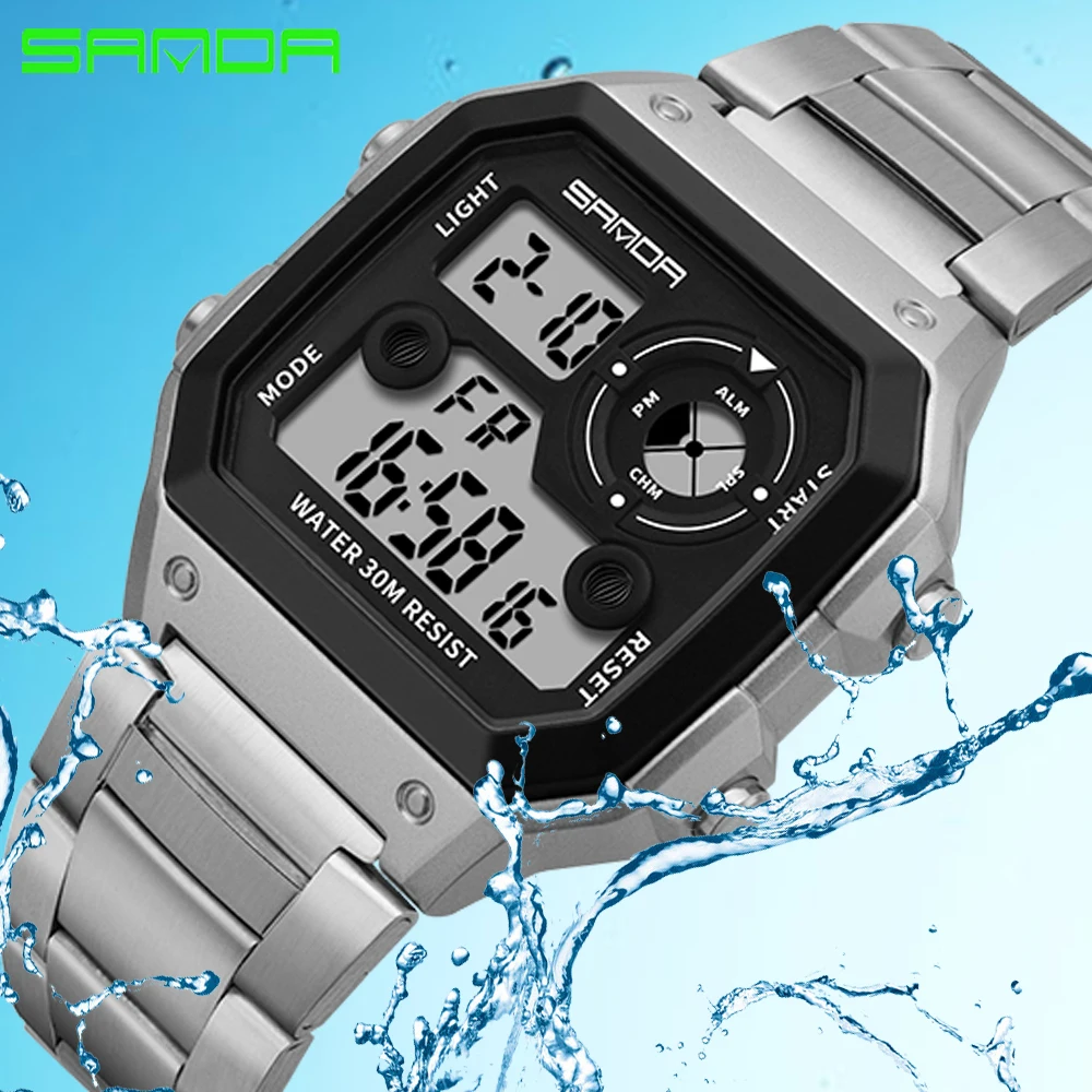 SANDA square steel band watch tide men’s watch hip hop Retro Gold Waterproof Leisure Sport Electronic Watch