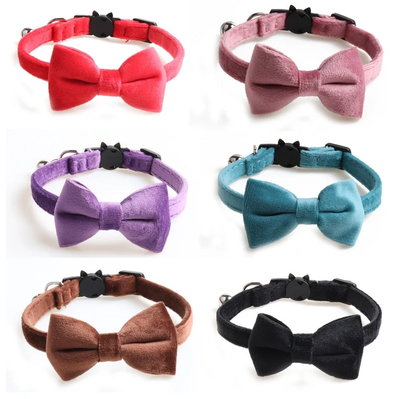 1Pc Velvet Cat Collar Bowknot Adjustable Safety Buckle Gatos Bow Tie Cat Accessories Collar for Cats with Bell Solid Color