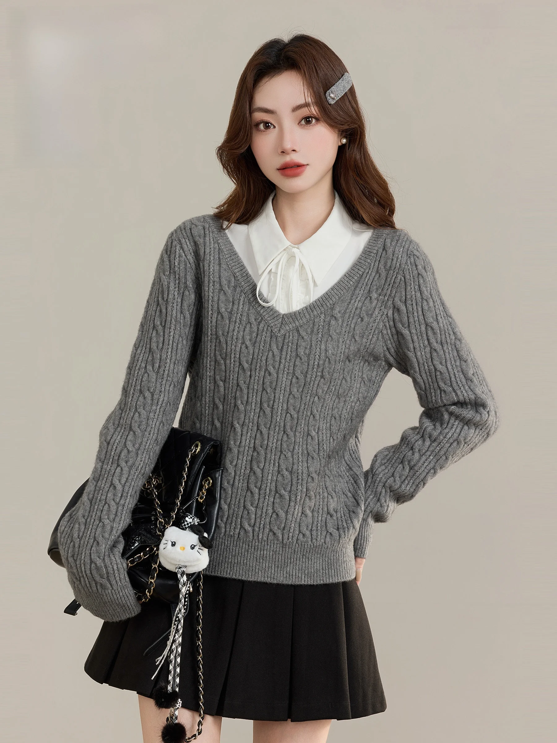 

Lingjiu Lazy Sle V-Ne Sweater Women's Autumn Winter New Arrival Small Size Knitted irt Briti Sle Long Sve Warmth