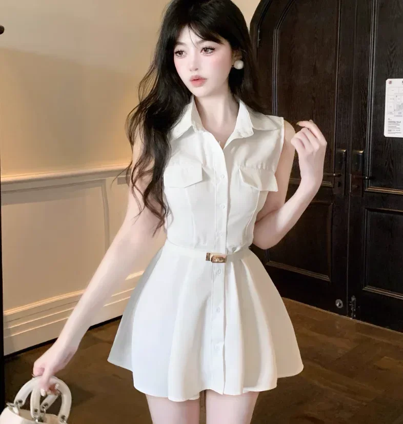 Gagarich French Tank Top Shirt Dress Women 2024 Summer White Design Sense Niche Waist Small Figure A-line Short Vestidos