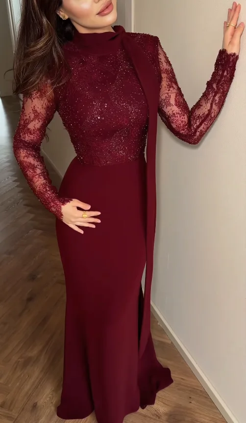 

Customized Lace Beads Mermaid Women's Formal Evening Gowns Beads Embroidery Exquisite Celebrity Dresses Cocktail Dresses Claret