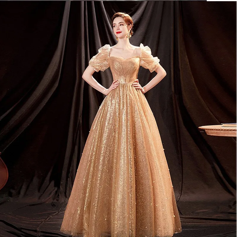 

Великолепное золотое сверкающее вечернее платье с милыми рукавами-пузырьками и завязкой на талии Элегантное вечернее платье для торжественных случаев