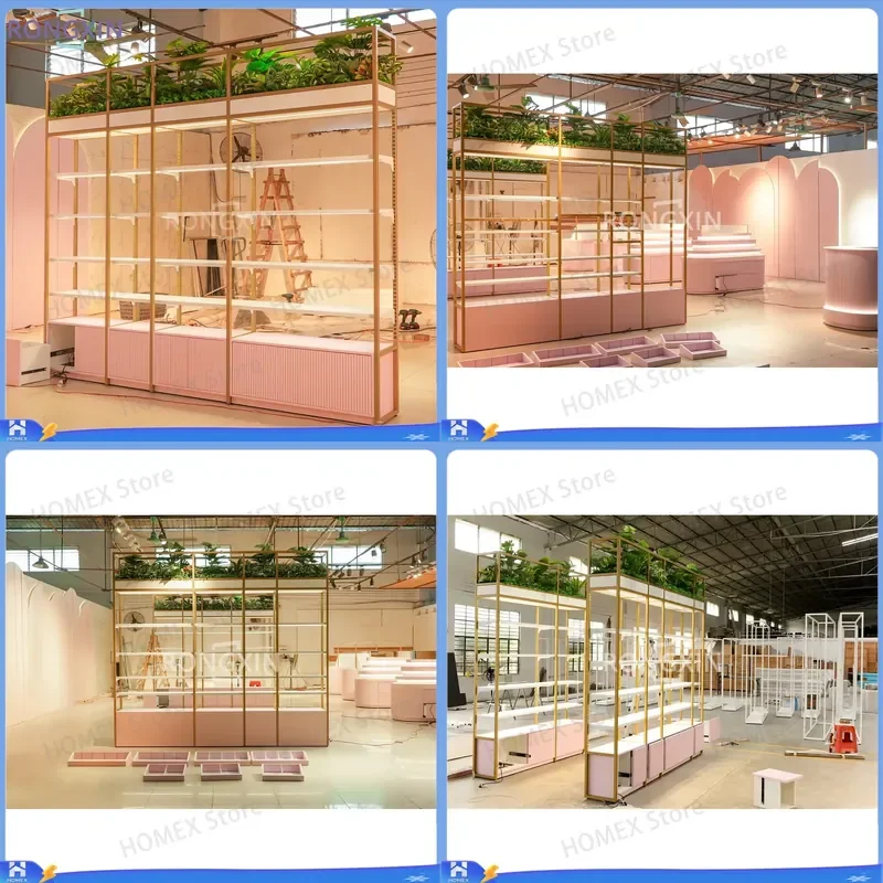 Floating Wooden Cosmetic Display Stand Wall Mounted Beauty Product Shelf Retail Store Showroom Organizer Bracket Light Design
