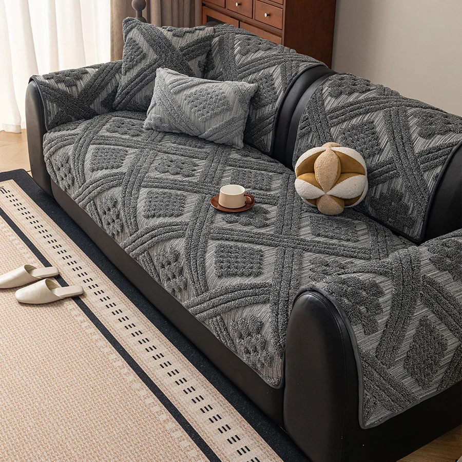 1pc Velvet Sofa Cover Geometric Pattern Straight Sofa Throw Blanket Machine Washable Couch Protector Covers