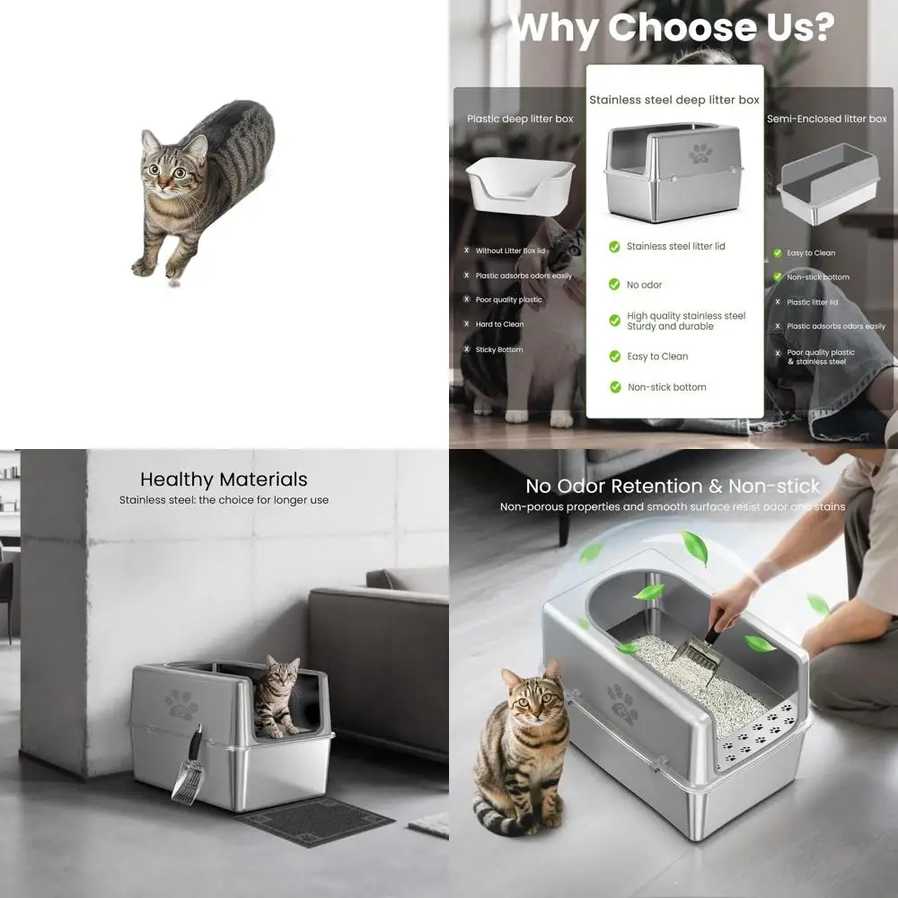 

Закрытый ящик для кошачьего туалета из нержавеющей стали с крышкой для больших кошек, очень большой туалет с антипригарным покрытием, без запаха, защита от утечек, в комплект входит с подсветкой