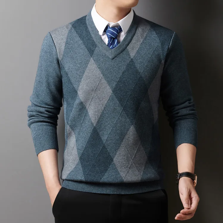 

Вязаный свитер (на 0 или 2 спицах) с V-образным вырезом, весенне-осенний, шерстяной, повседневный, с длинными рукавами, с ромбовидным узором