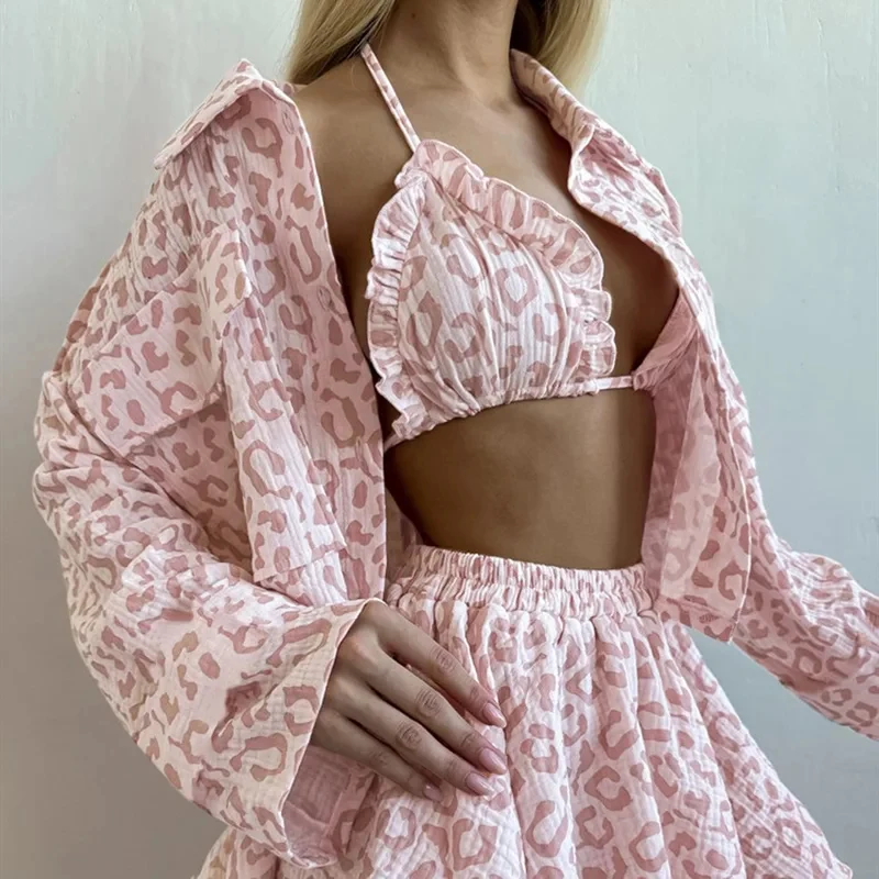 Women's Heart Print Cotton Ruffle Trim Long Sleeve Bra & Shorts 3 Piece Pajama Set Fall Breathable Comfortable Loungewear