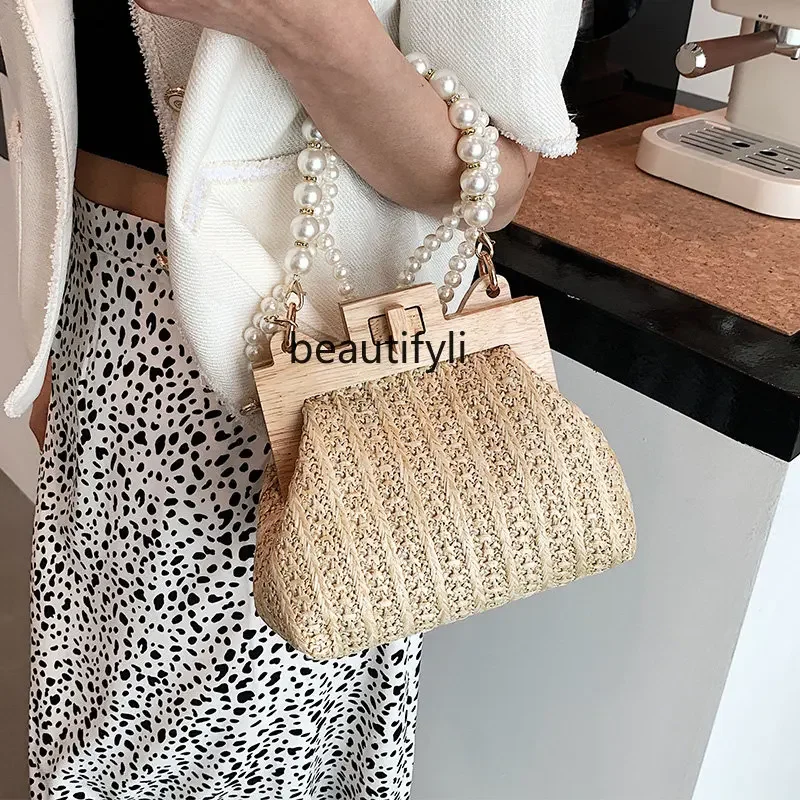 yj Fashion Pearl Hand Women's Shoulder Bag Crossbody All-Matching Straw Bag