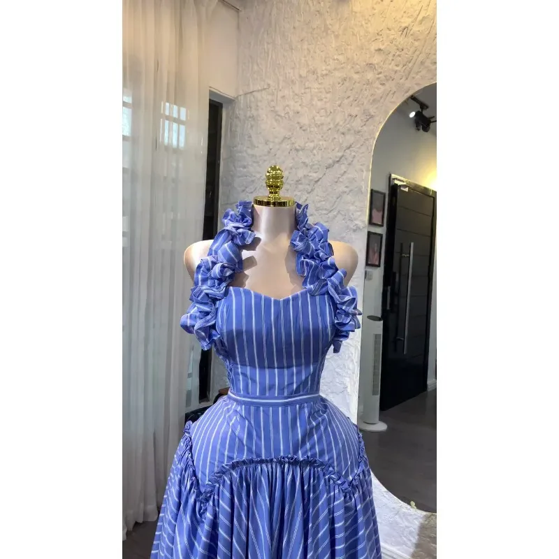 Elegant Dresses Women Clothes 2026 Autumn New Fashion Ruffled Neckline Strip High-waisted Long Birthday Dress Femme Sexy Skirts