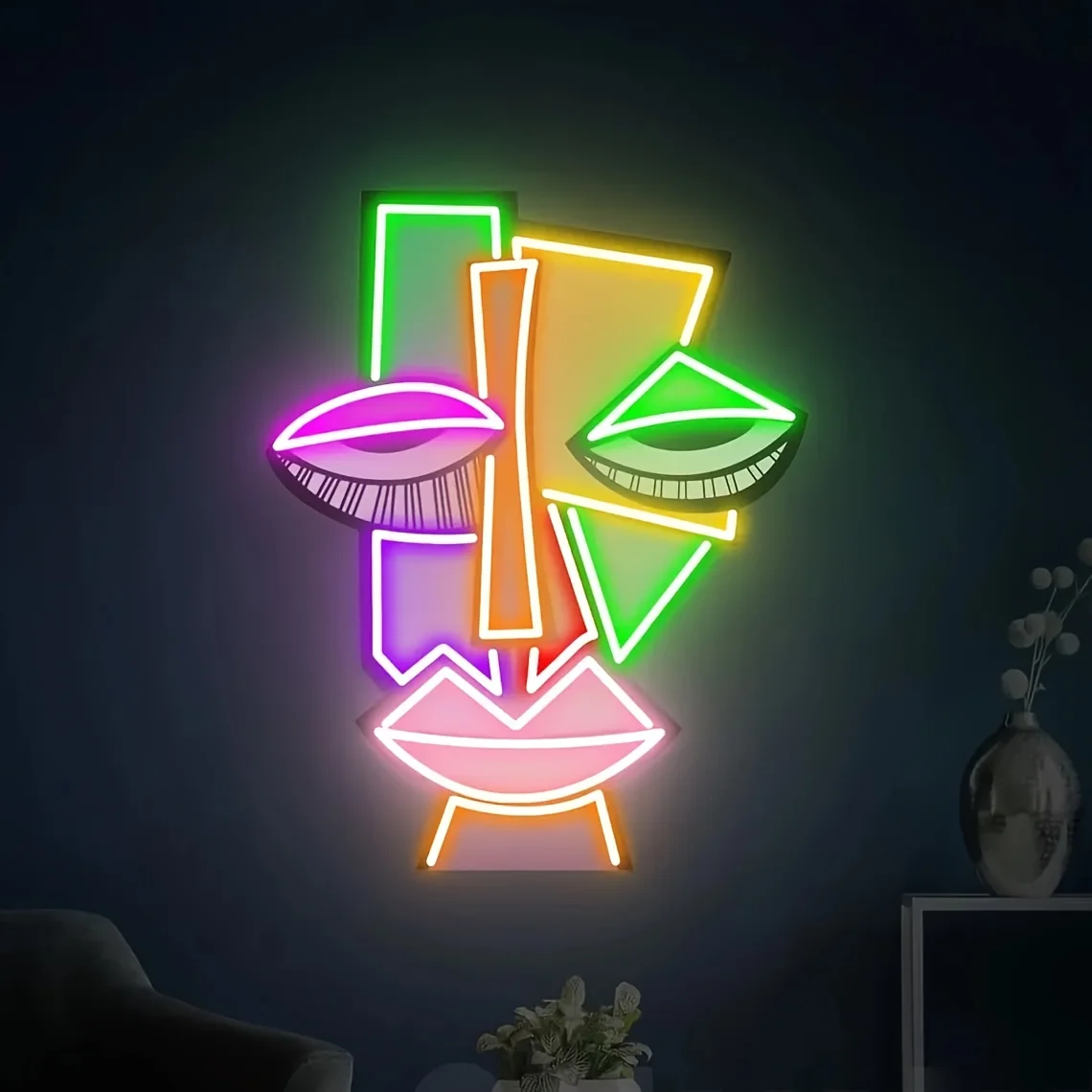 Abstract Face Neon Sign Modern Colorful LED Wall Art for Living Room Bar Cafe Decoration Unique Artistic Lighting Gift