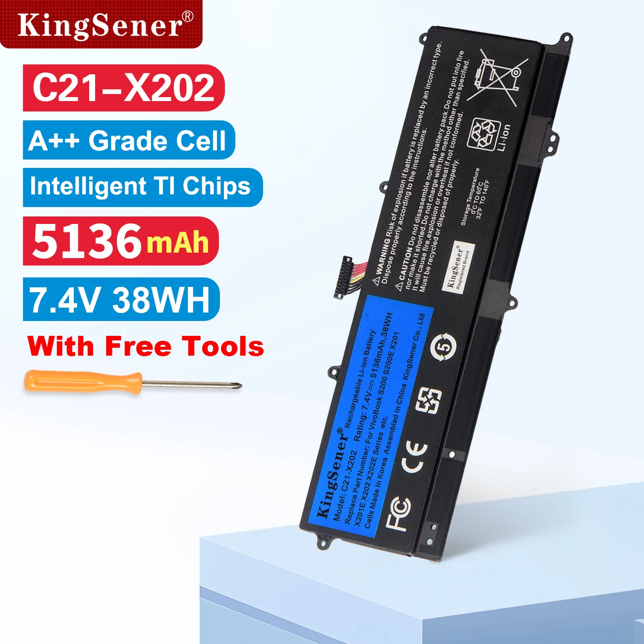 

KingSener 5136mAh C21-X202 Аккумулятор для ноутбука ASUS VivoBook S200 S200E X201 X201E X202 X202E S200E-CT209H