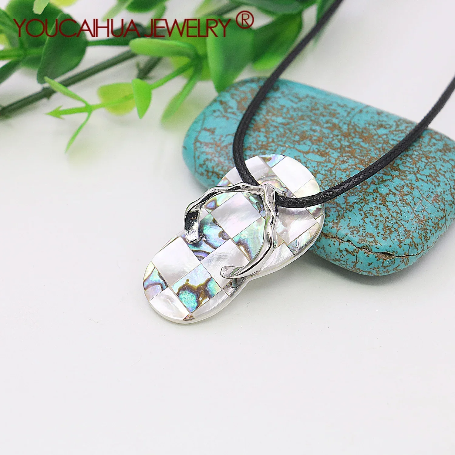 25x42mm Natural Multicolor Abalone Seashell Necklace Pendant,Beach Slipper-Shaped,Patchwork Checkered Alloy, Unisex Jewelry Gift