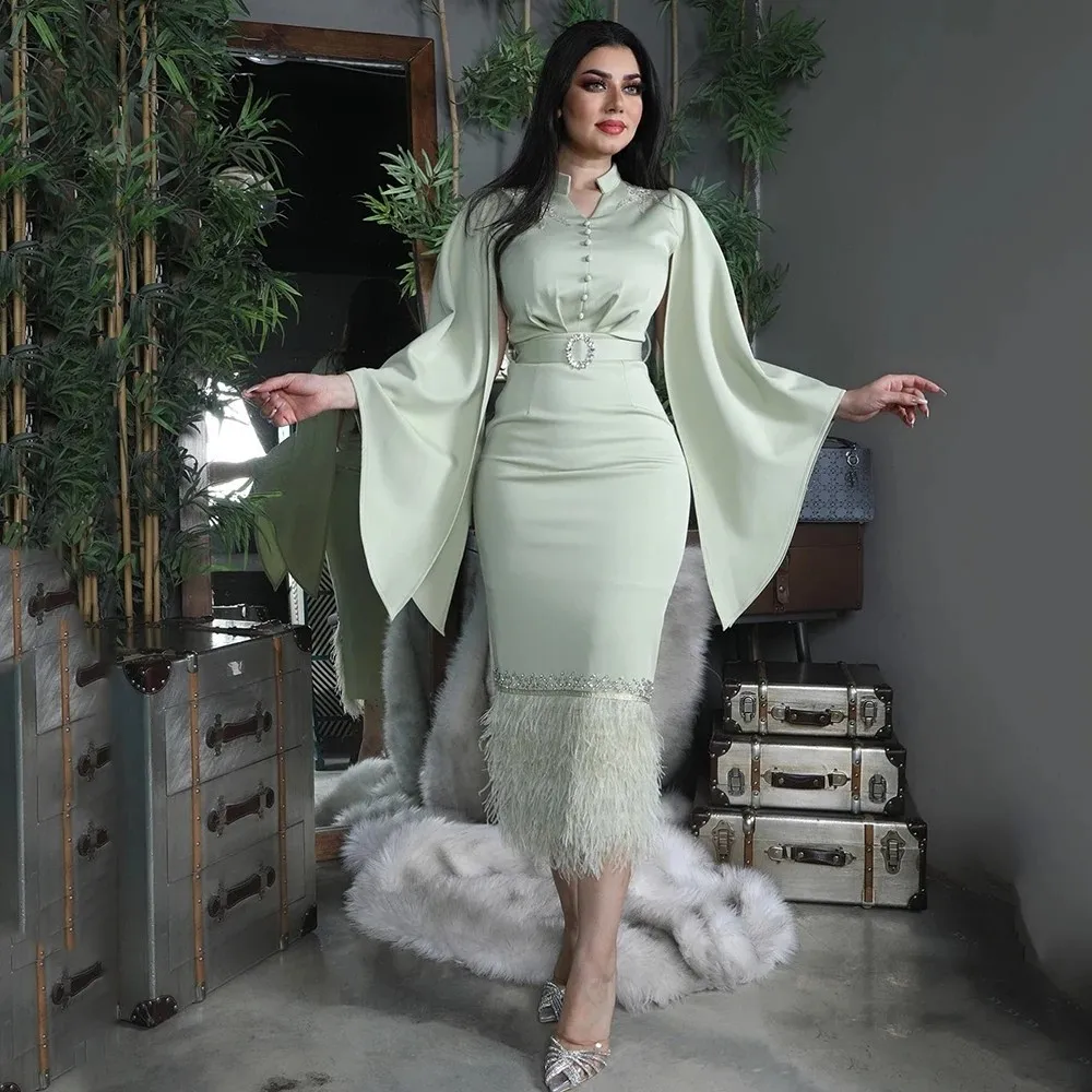 Light Green Arab Dubai Long Sleeves Mermaid Prom Dress Tight With Sash High Neck 2023 Evening Elegant Party Dress For Women