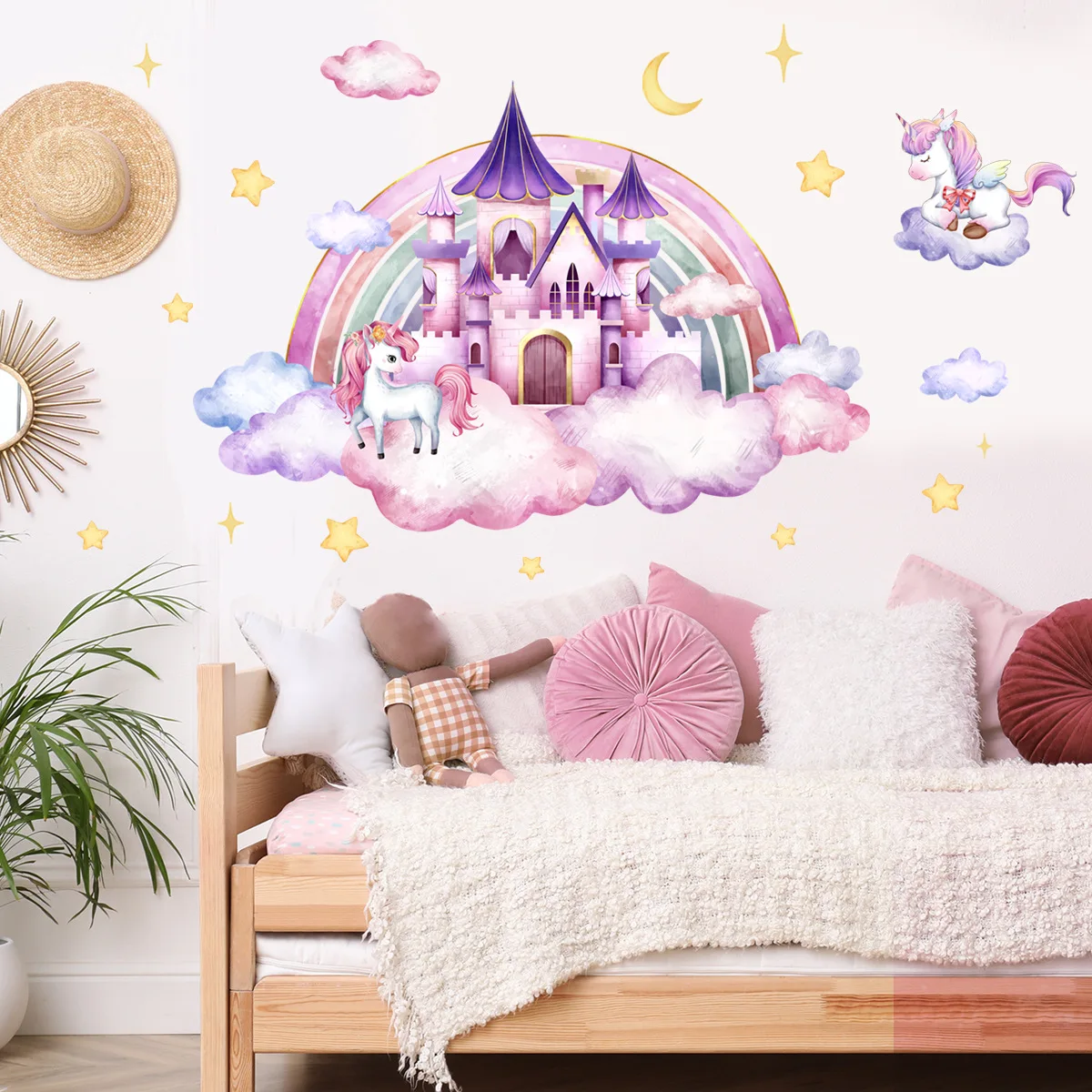 Creative cute cartoon Rainbow Castle Unicorn Cloud Star Girl Room Children's room decoration beautify wall stickers