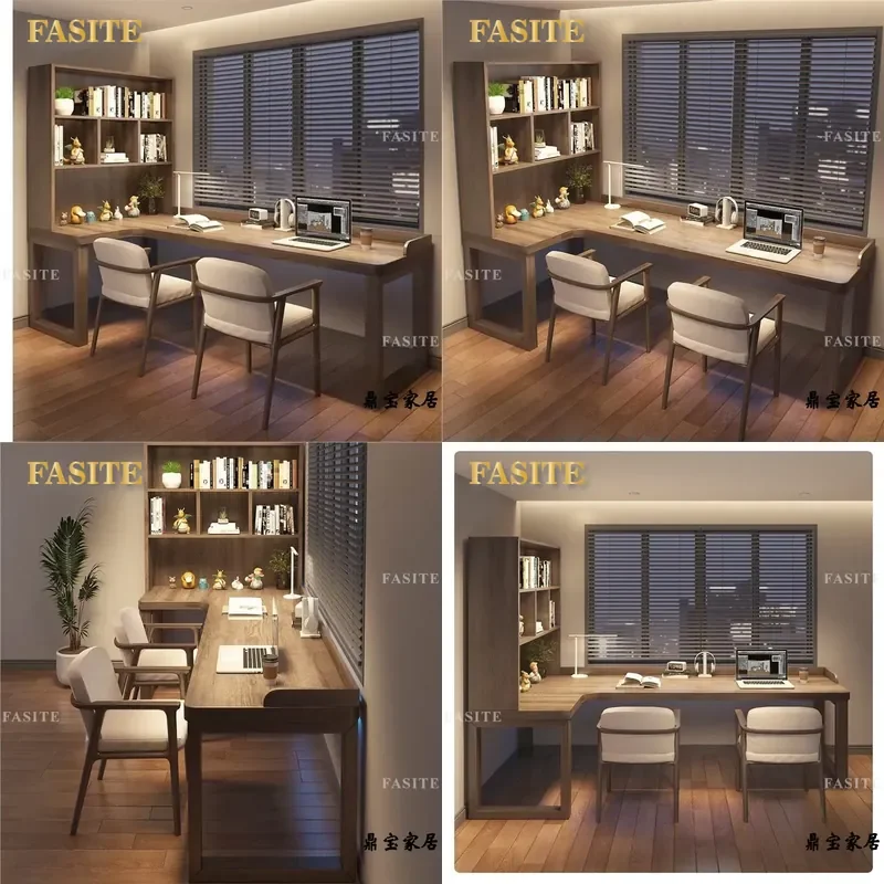 For L Shaped Corner Desk All Solid Wood Double Children Study Table with Bookcase Integrated Computer Workbench for Home