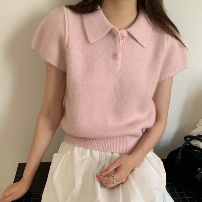 Maglione lavorato a maglia Chic Ne per donna Primavera New Sle Simple Ele ort Sve Top in fibra di poliestere con colletto rovesciato