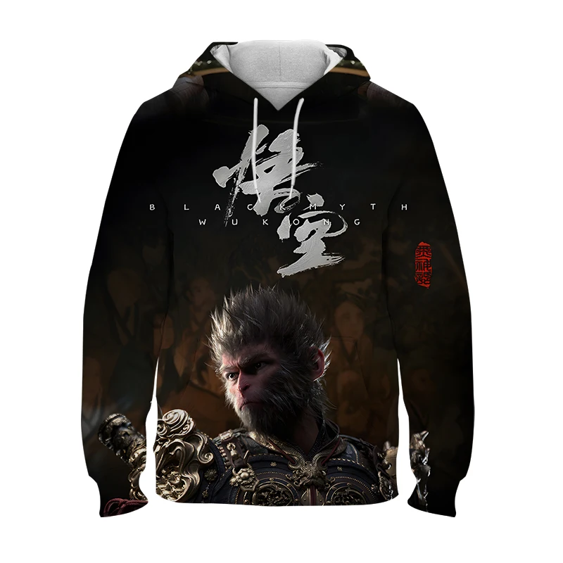 Black Myth wu kong Pattern Men's Casual 3D Printing Printed Hooded Sweatshirt Long sleeved Pullover with Pockets