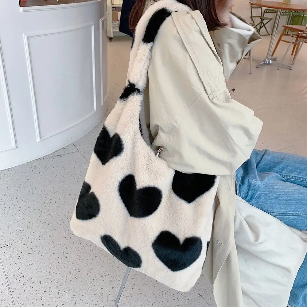 Fashion Women Girls Plush Love Pattern Shoulder Bags Fluffy Underarm Bag Female Large Capacity Totes Shopping Bag Soft Handbags