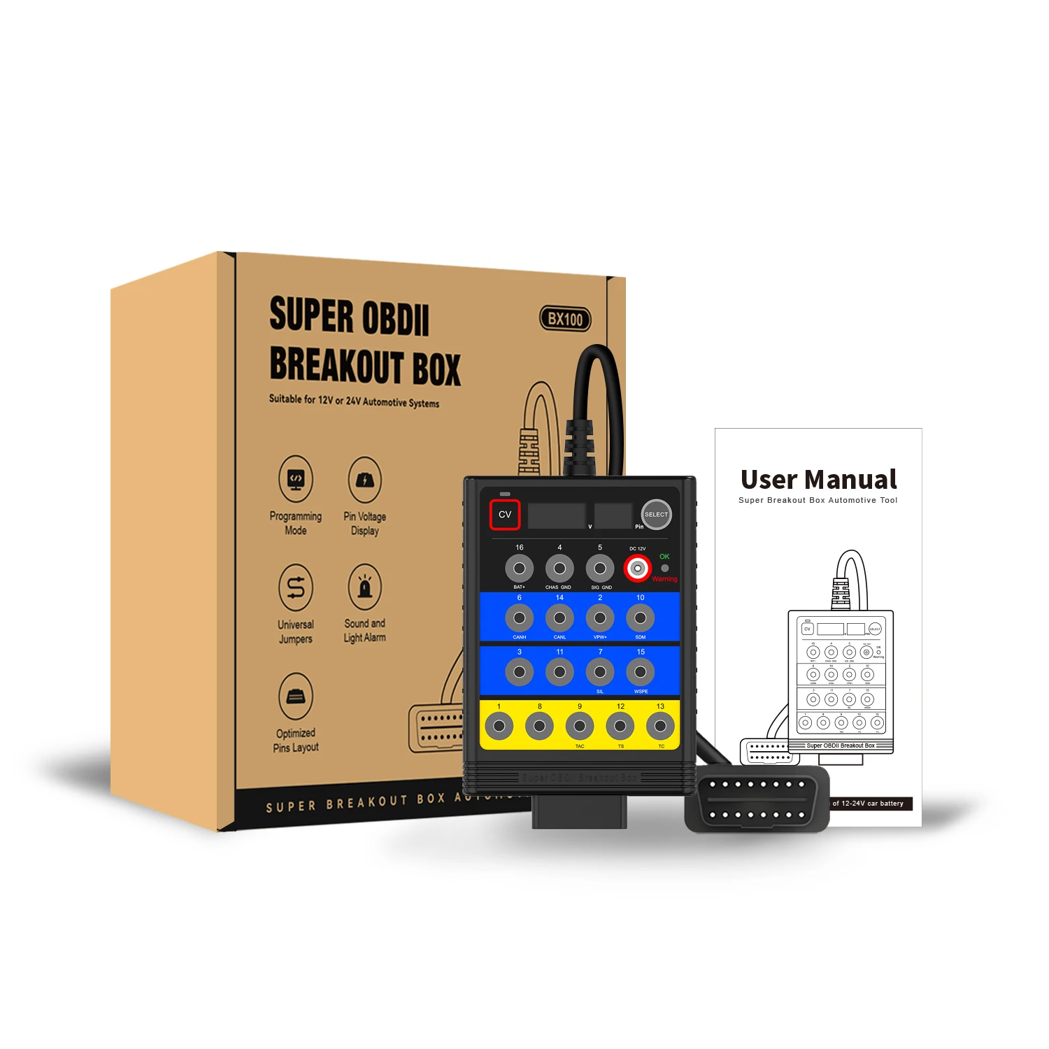 OBDResource OBD2 Breakout Box BX100 Jumper Tester voor 12V & 24V auto's met constante spanning CAN BUS signaal analyse tool