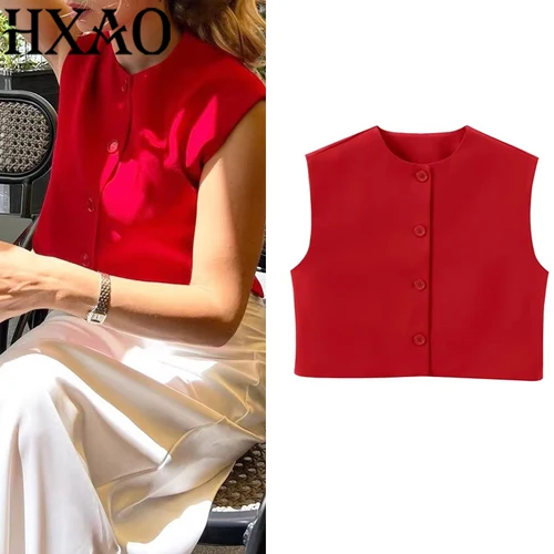 Imagen 1 del producto HXAO-Chaleco corto para mujer, Top sin mangas con botones para mujer, novedad en verano 20224, ropa informal elegante de oficina con cuello redondo a la moda para mujer