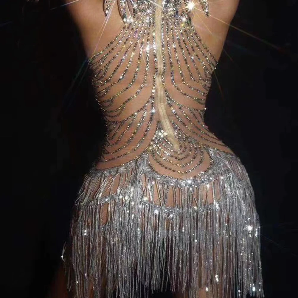 Borla de diamantes de imitación de plata brillante para mujer, mono sin mangas Halter Sexy con guantes, ropa de discoteca, DJ, trajes de cantante de escenario