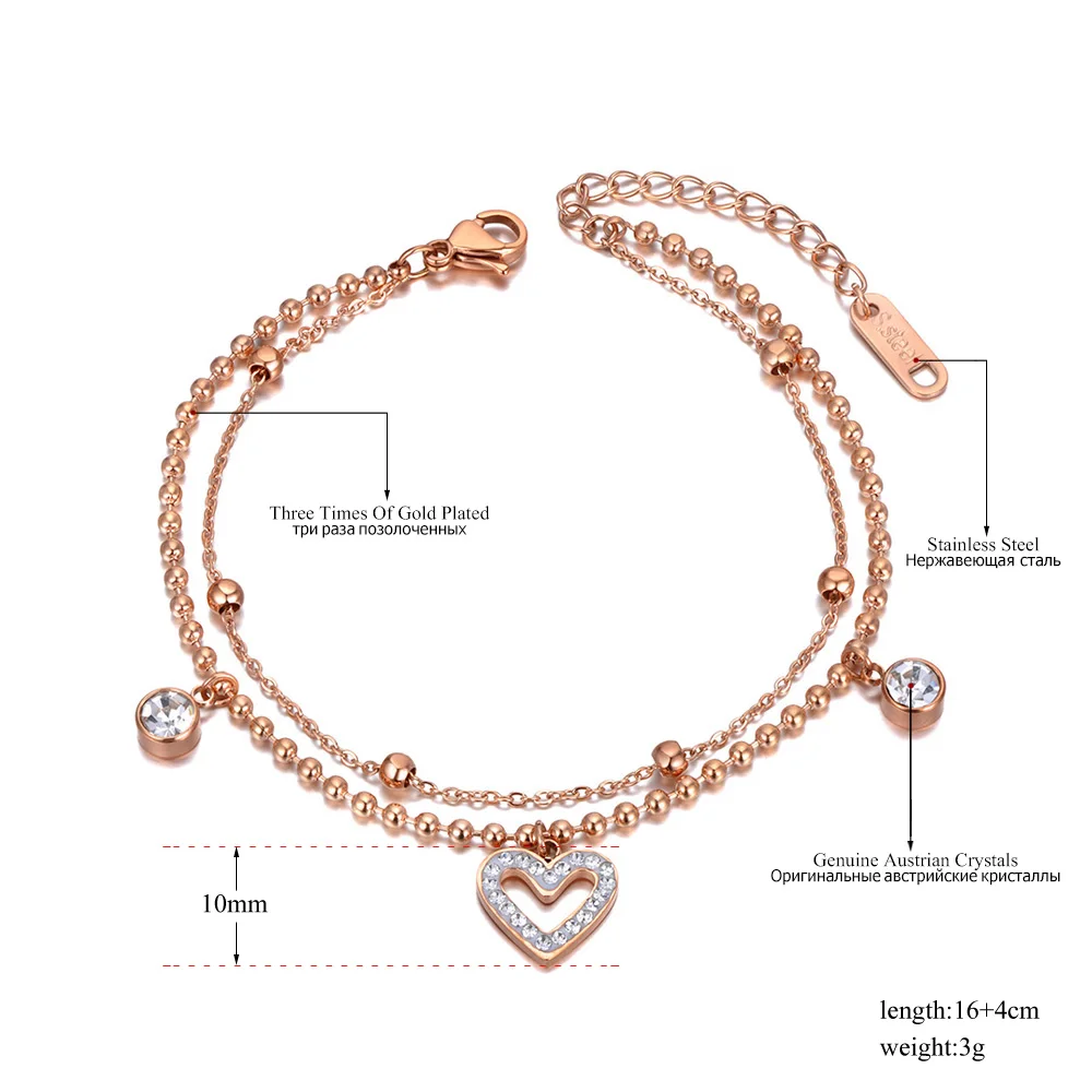 Lokaer Titanium Stainless Steel CZ Crystal Chain & Link Bracelets For Women Double Layer Bohemia Heart Charm Bracelet B20158