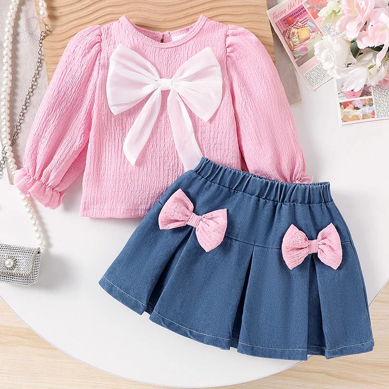 

Комплекты одежды из 2 предметов для девочек на весну и осень, корейская мода, топы с длинными рукавами и большим бантом + джинсовая юбка, одежда для малышей, товары для новорожденных B257