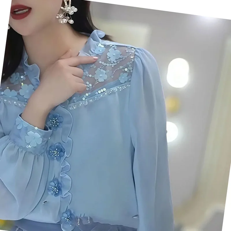 

2025 Blue Spring And Summer New Plus Size Women's Fat MM Long Sleeve Flower Buckle Top wood Ear Neckline Shirt Woman