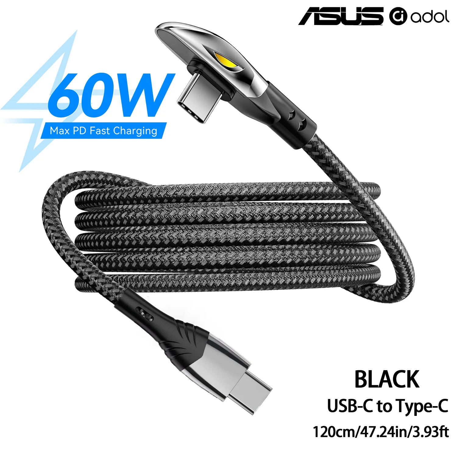 ASUS 90-Grad-USB-C-zu-Typ-C-Kabel 60W PD Schnellladung Nylon-Geflecht 1,8M Datenkabel für Telefon, Tablet, Spielkonsole – Detail 8