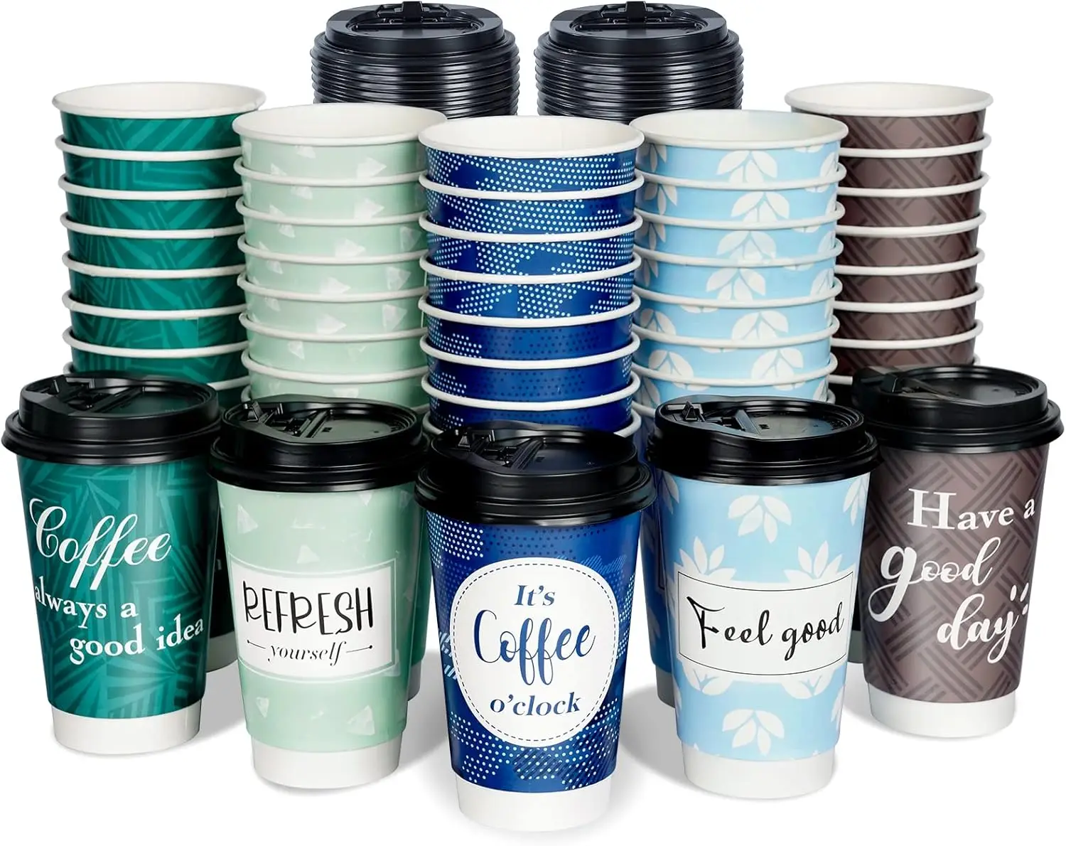

Disposable Coffee Cups with Lids 16 oz, 50 Pack Double-Walled Fun Designs, Insulated, Hot Beverage Paper Cups for Cold &
