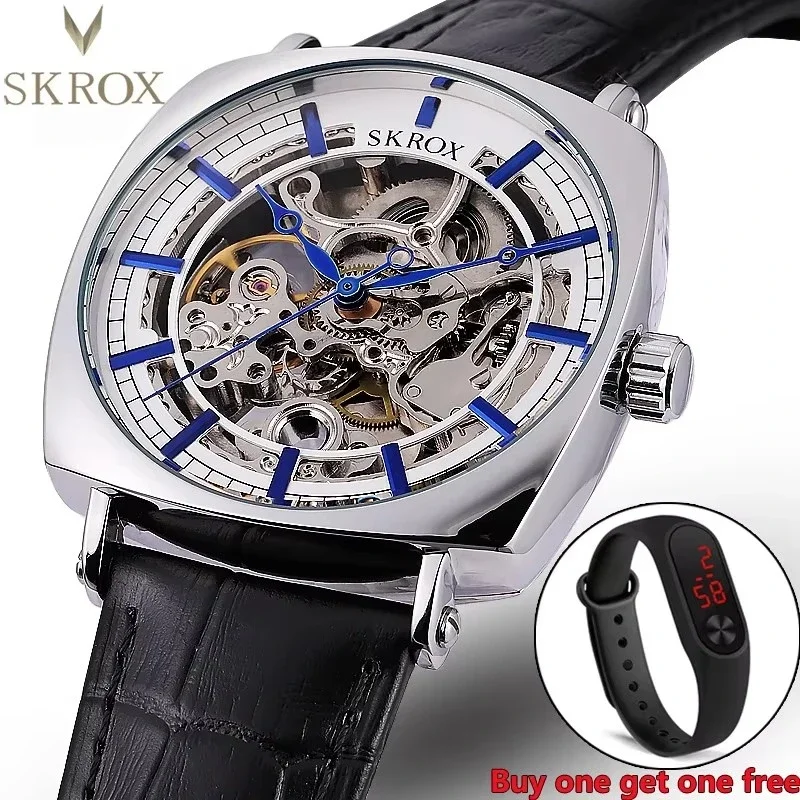 

High-End Luxury Brands Square Skeleton Automatic Movement Elegant Men's Watch Mechanical Clock Leather Man Wristwatches One Gift