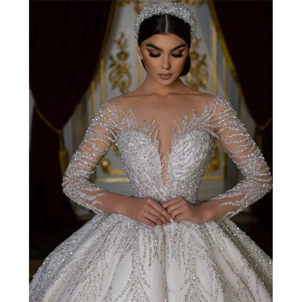 

Wedding Dresses Beads Sequined Long Sleeves Bridal Gowns Glitter Sparking Court Train Custom Made Backless Vestido De Novia