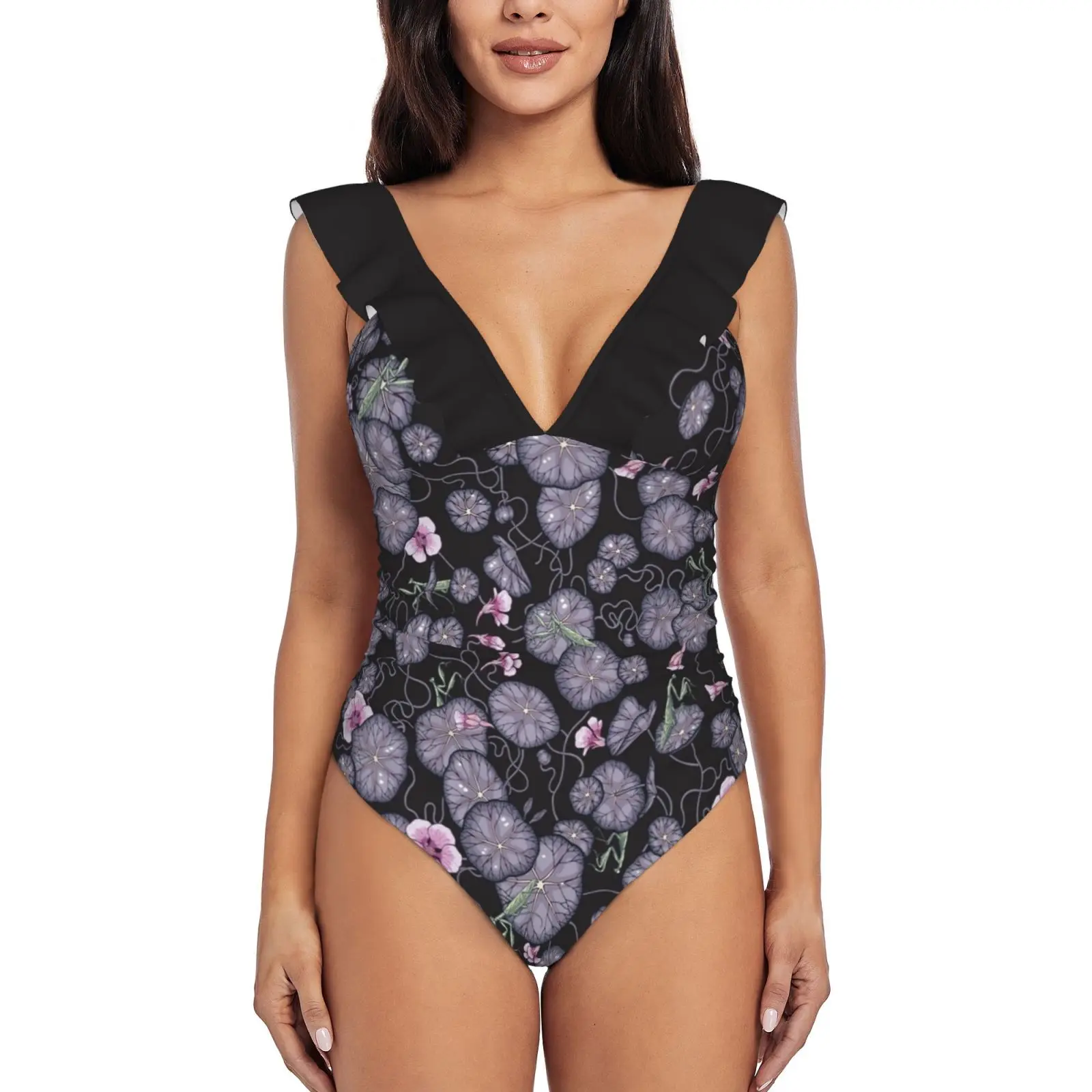 

Black Indian Cress Garden. Ruffled One-Piece Swimsuit Women Sexy Monokini Swimwear New Beach Bathing Suits Indian Cress