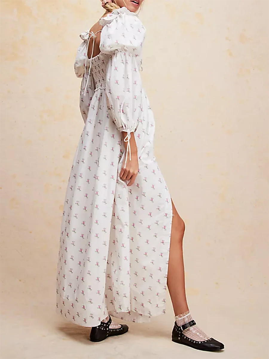 Women’s Casual Dress Long Puff Sleeve Cross Tie-up Front Floral Print A-Line Dress High Split Dress