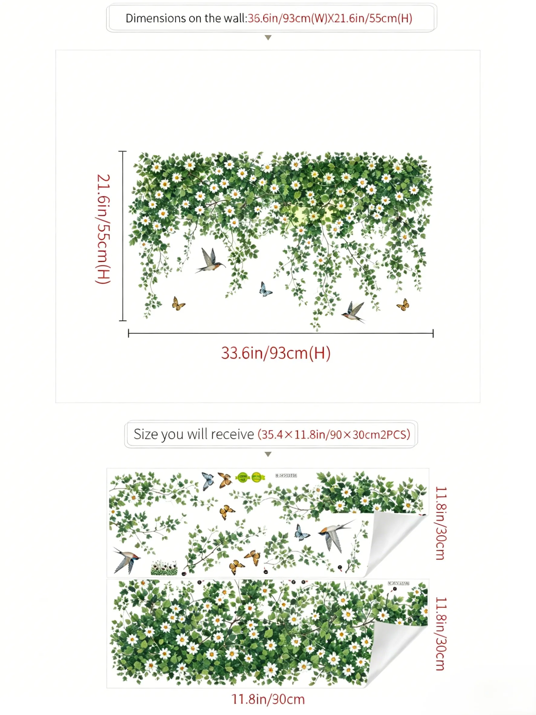 Translucent Botanical Wall Sticker 33.6x21.6in PVC Material with Leaf Vine Daisy Flower and Bird Design for Living Room