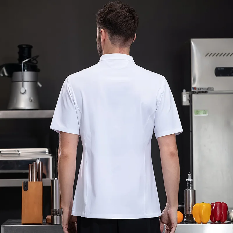 Uniforme de trabajo de cocina para restaurante de Hotel, chaqueta de Chef de manga corta, abrigo de cocina blanco de verano para Chef de pastelería y panadería