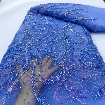 새로운 아프리카 레이스 패브릭 2024 고품질 나이지리아 레이스 비즈 장식 조각 프랑스어 그물 패브릭 5 야드 바느질 파티 웨딩 드레스